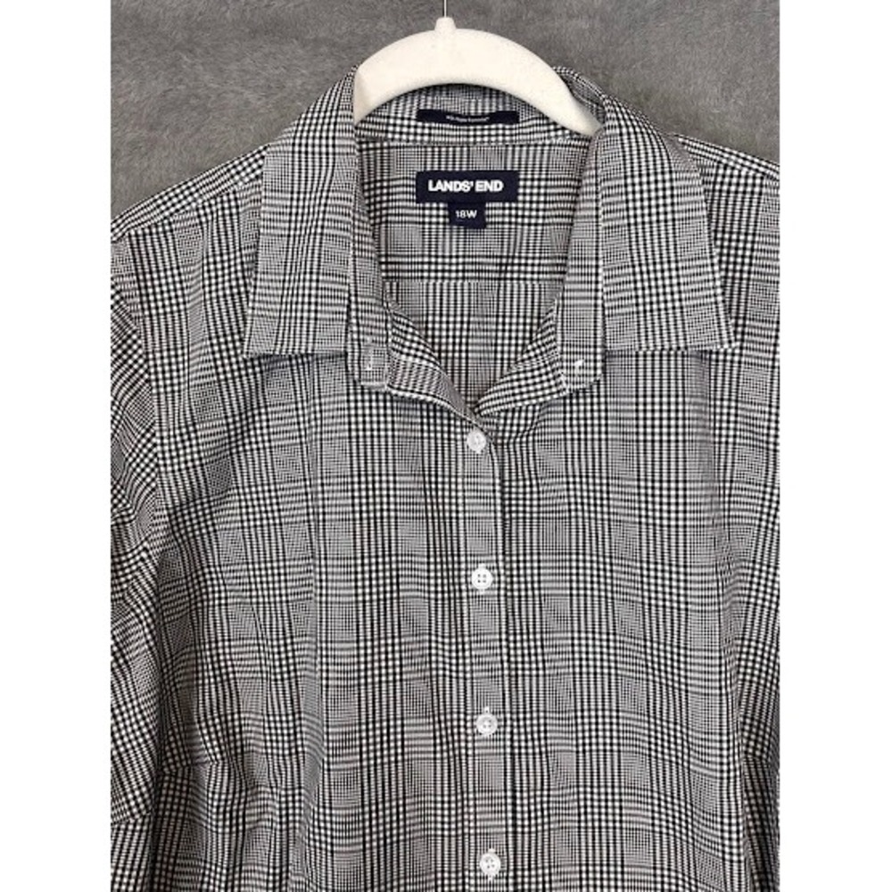 Lands End Womens 18W No Iron Supima Cotton Glen‎ Plaid Button Down Shirt Black